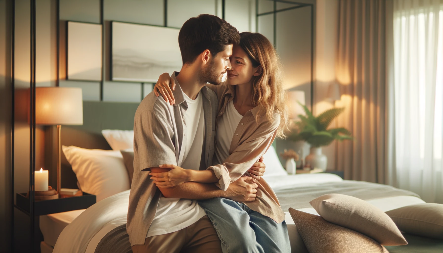 affectionate young couple sharing a romantic moment in the bedroom at home