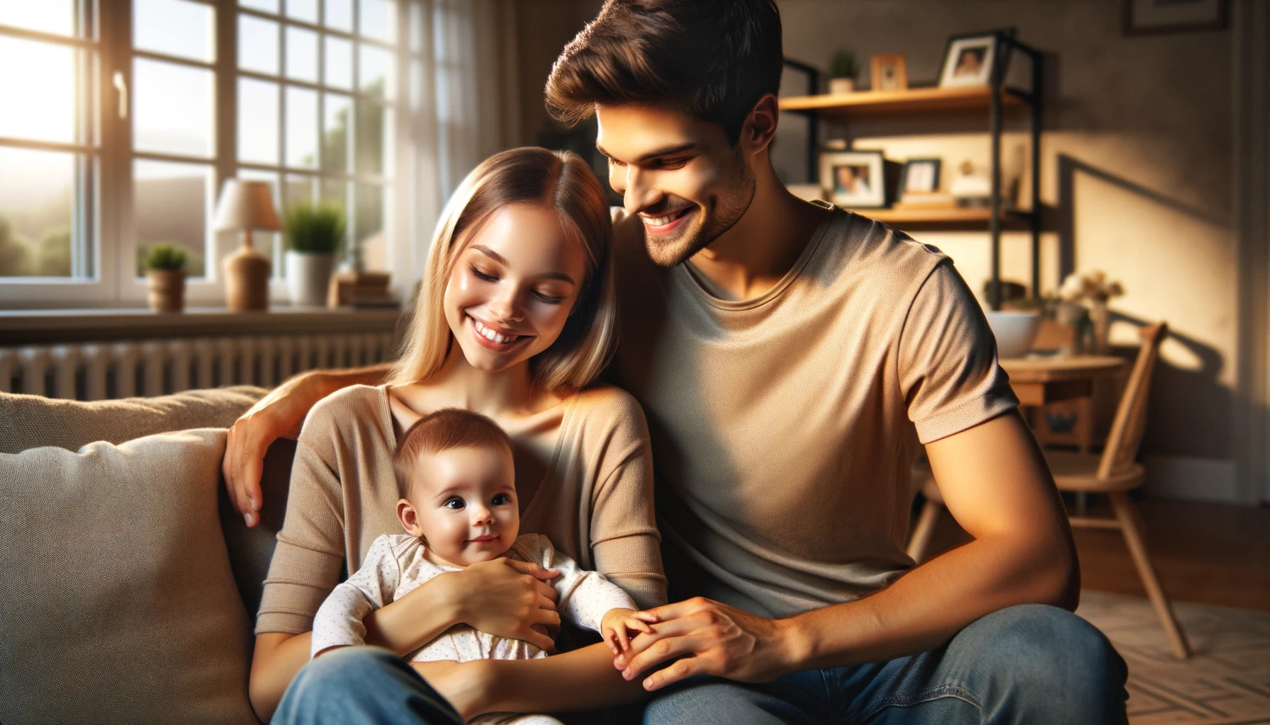 smiling young parents with their baby girl at home