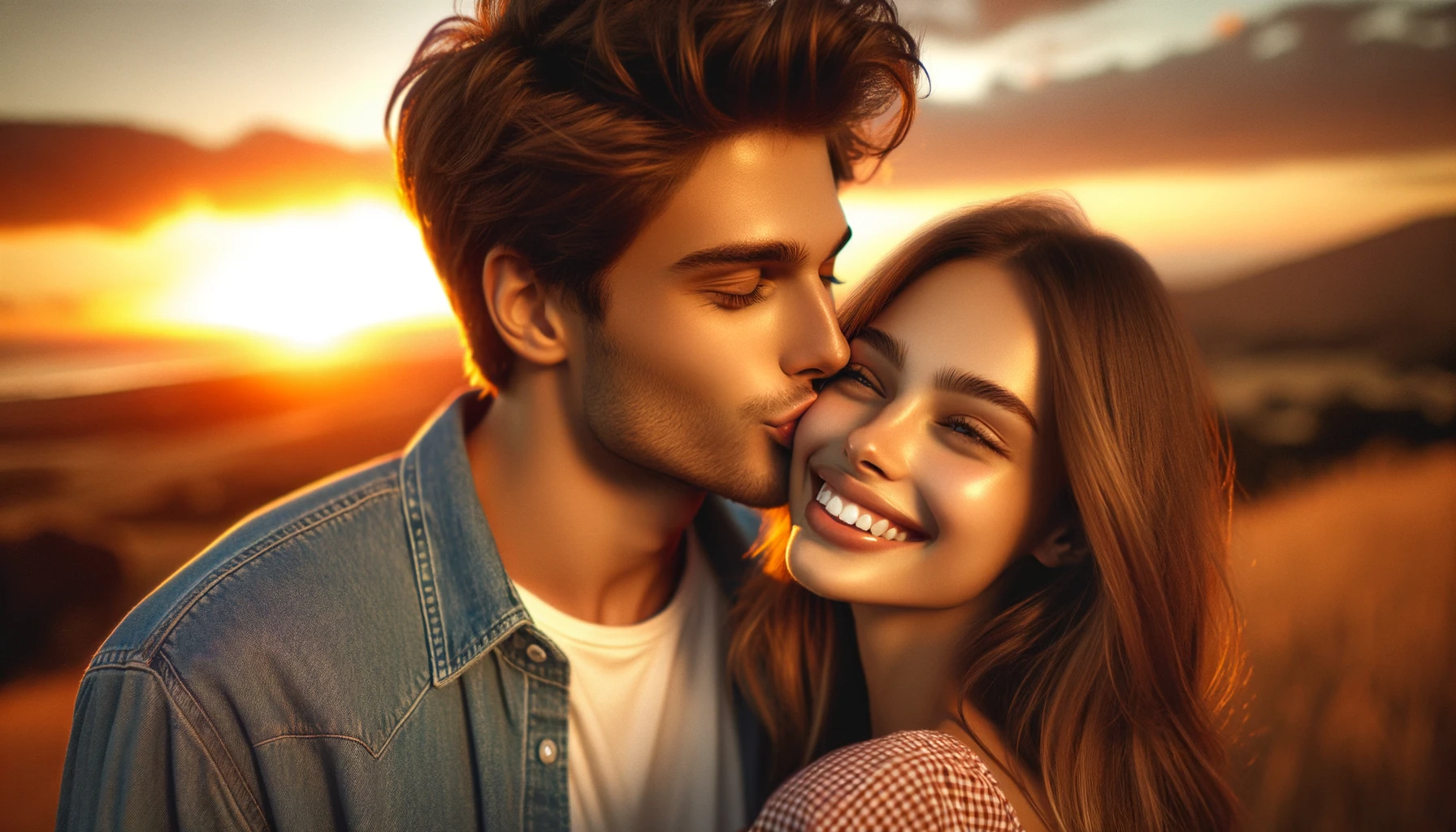a close-up of a romantic young boyfriend kissing his smiling beautiful girlfriend on the forehead while enjoying a weekend at sunset