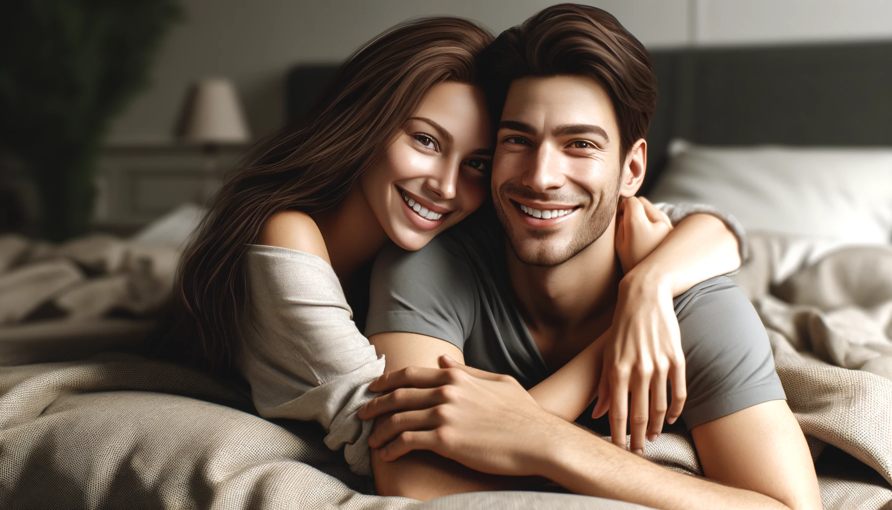 a smiling woman and a man lying on a bed and hugging. The couple appears relaxed and happy. The woman has long brown hair and the man has short black hair.