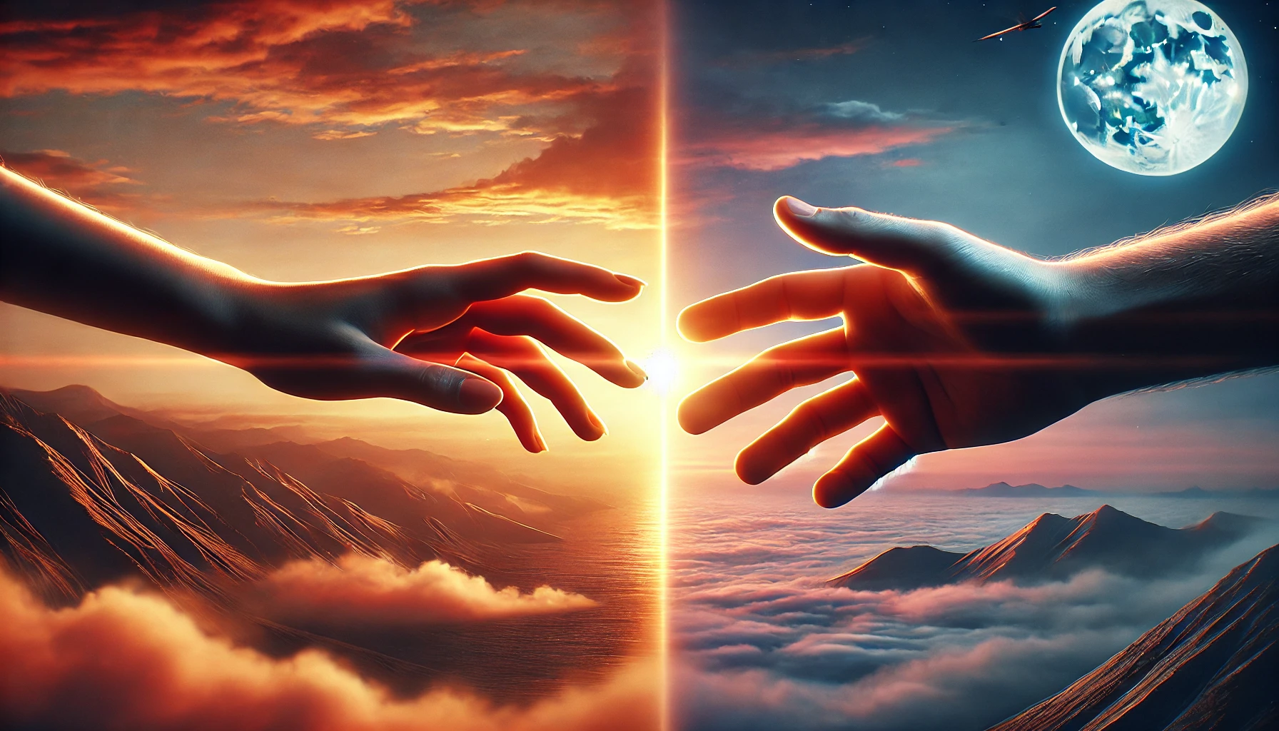 two hands reaching out towards each other, with a beautiful sunset in the background. The hands are separated by a subtle, almost invisible line, symbolizing distance, but the outstretched fingers are close, almost touching, indicating a deep connection despite the physical separation.