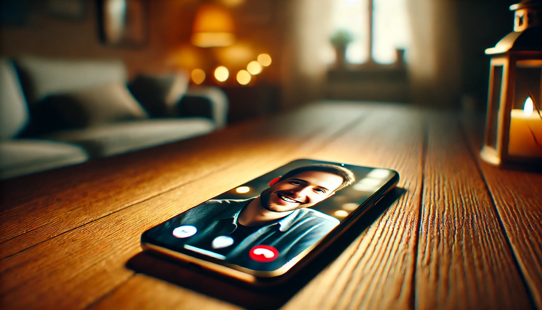 a close-up of a smartphone lying on a wooden table, displaying a video call between a man and a woman. The man is smiling warmly, and behind him is a softly lit background of his home.