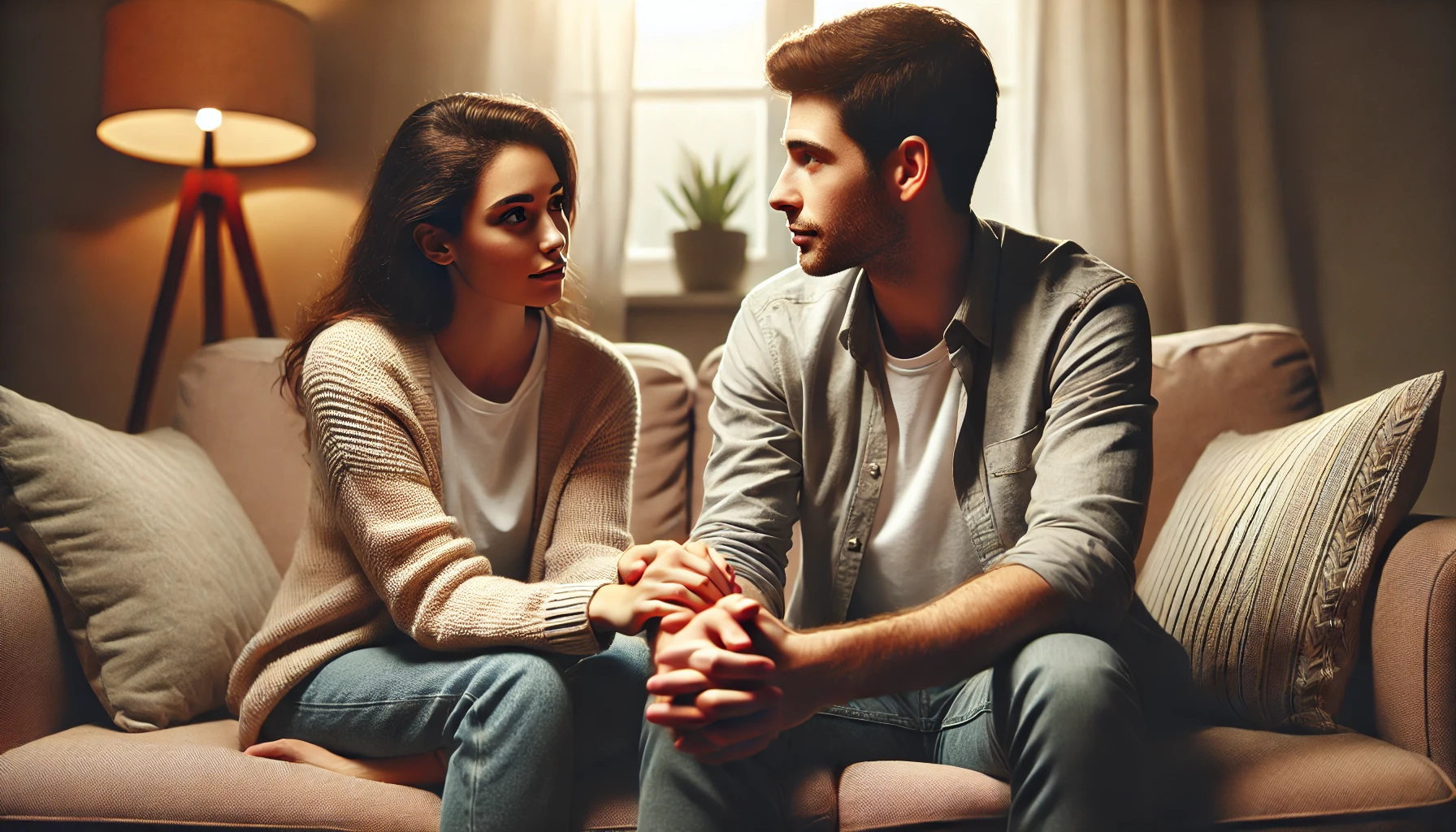 A couple sitting on a cozy couch in a softly lit living room, facing each other while making deep eye contact and holding hands, symbolizing active listening and emotional connection.