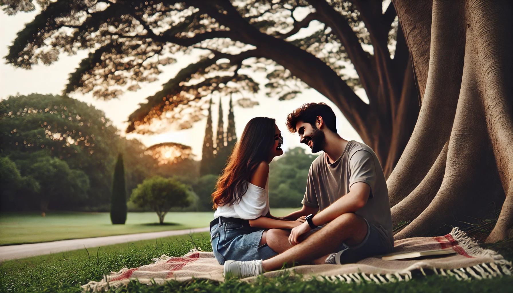 A couple sitting on a blanket in a serene park under a large tree, sharing stories and laughing together, creating a moment of emotional connection.