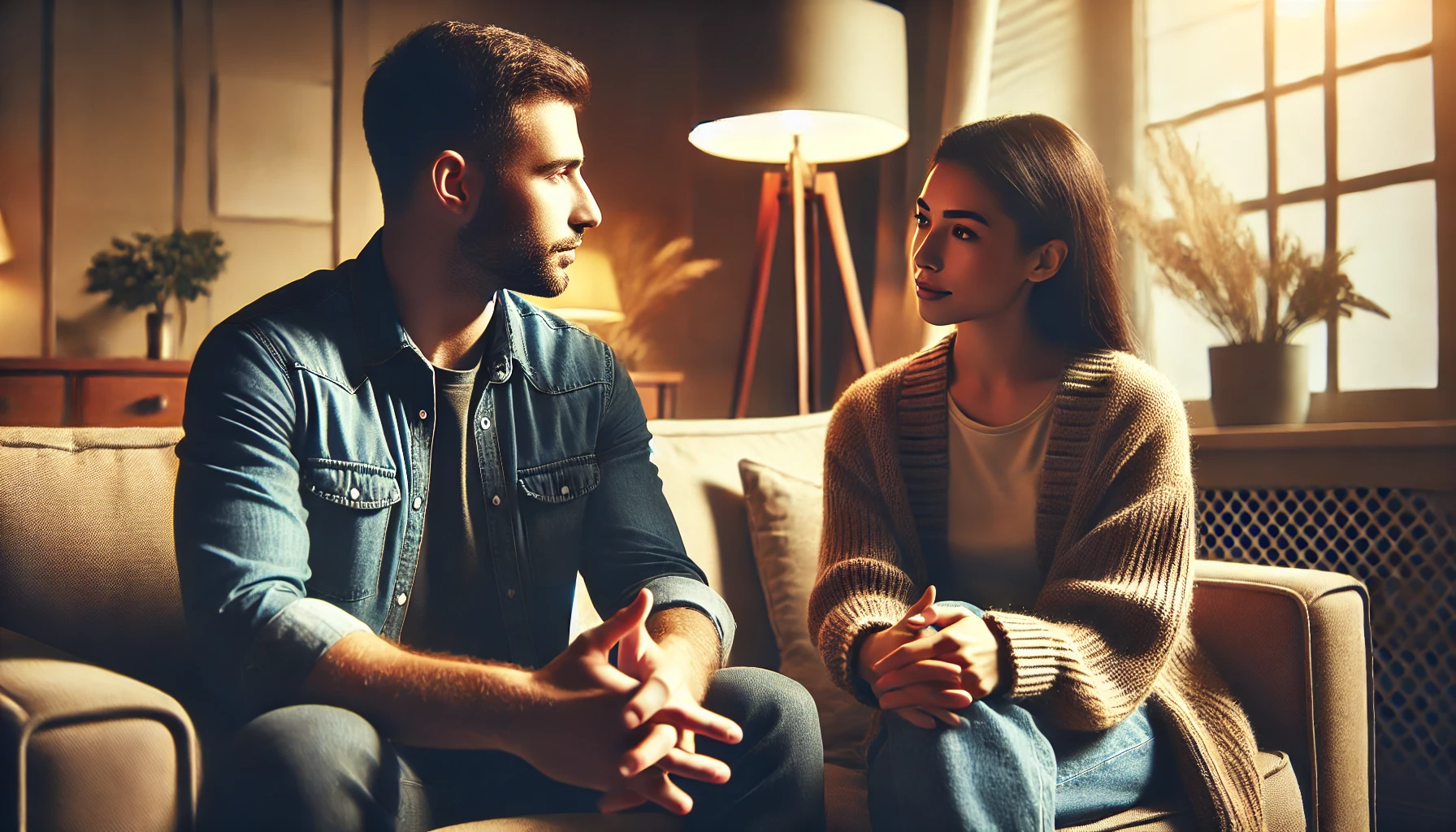A couple sitting in a modern living room, deeply engaged in conversation. One partner is attentively listening, while the other is speaking, expressing their thoughts.