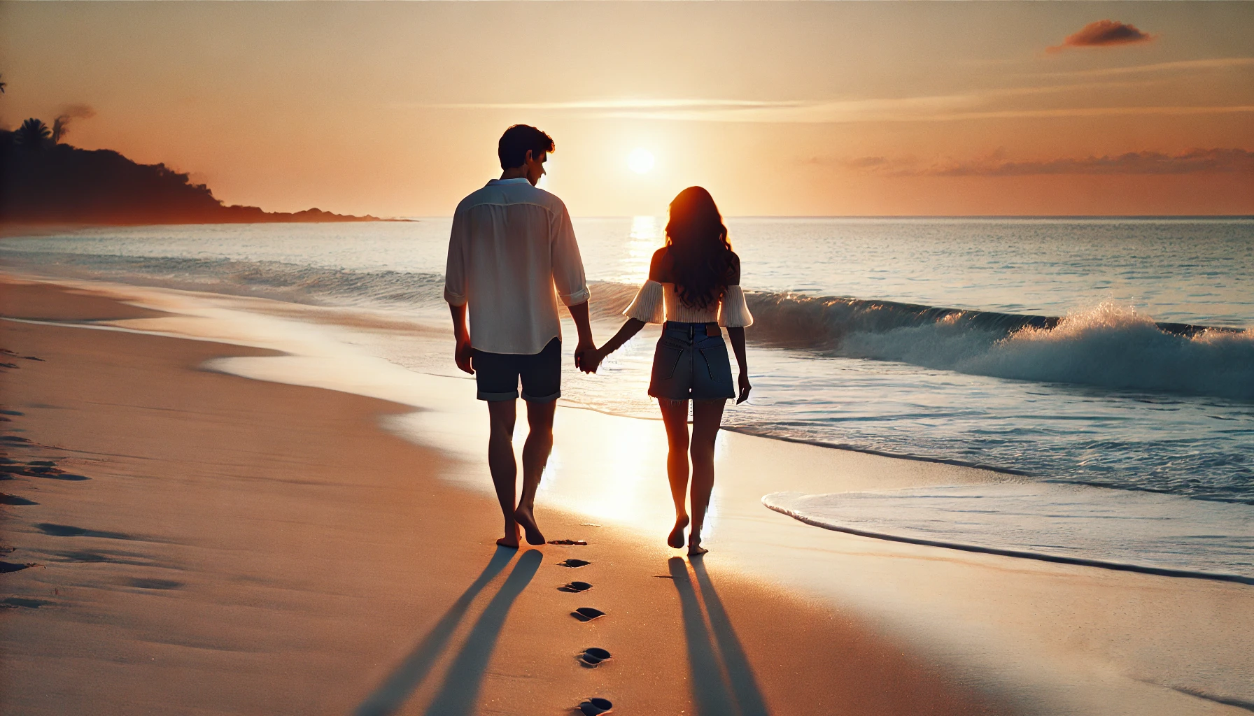 A couple walking together on a serene beach at sunset, holding hands and talking to each other, representing a deep emotional connection.