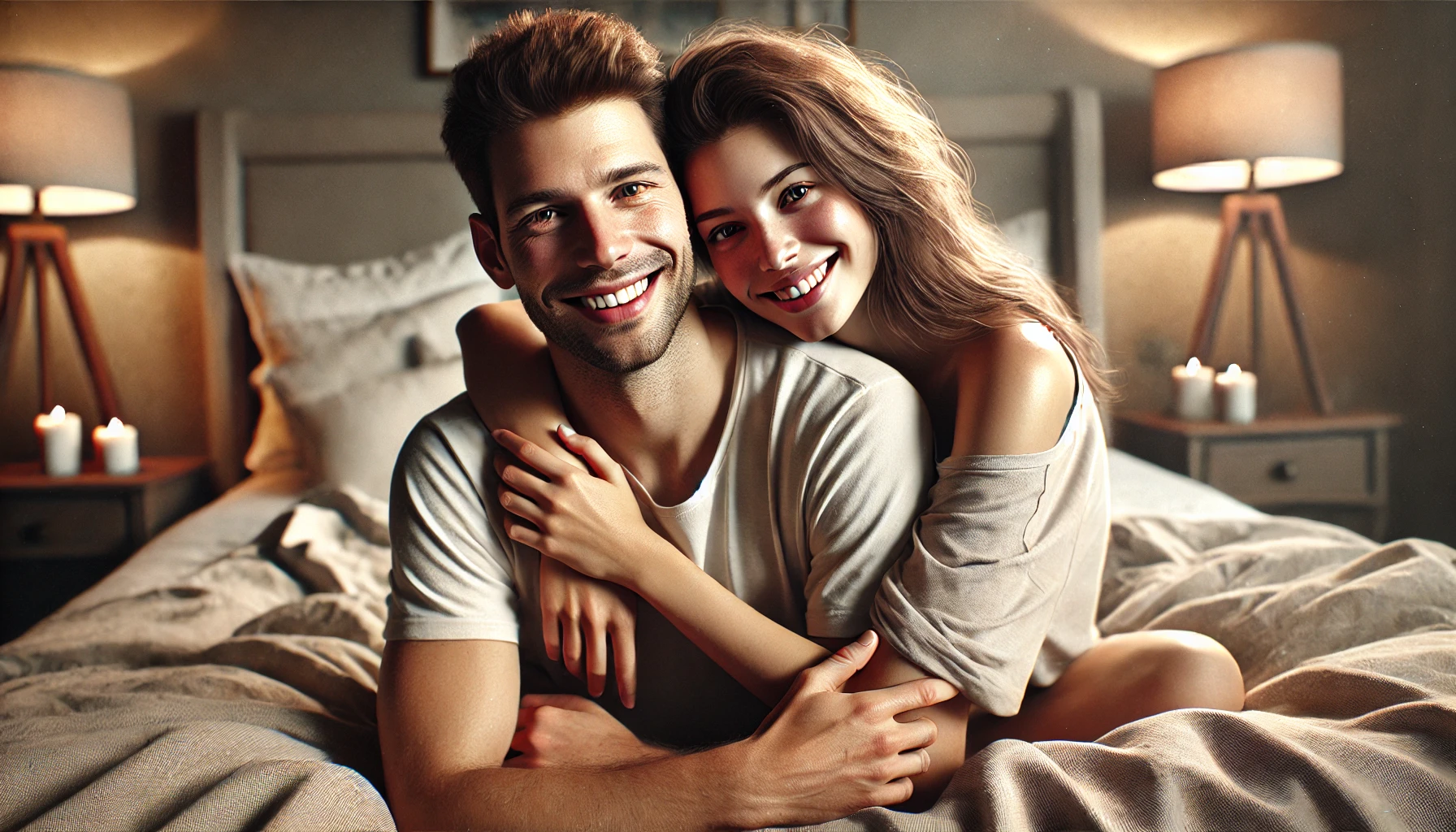 a happy couple is smiling and appears content. The setting is a cozy bedroom with soft lighting, comfortable bedding, and decorative pillows. The man has short hair and is wearing a casual t-shirt, while the woman has long hair and is wearing another casual t-shirt. 