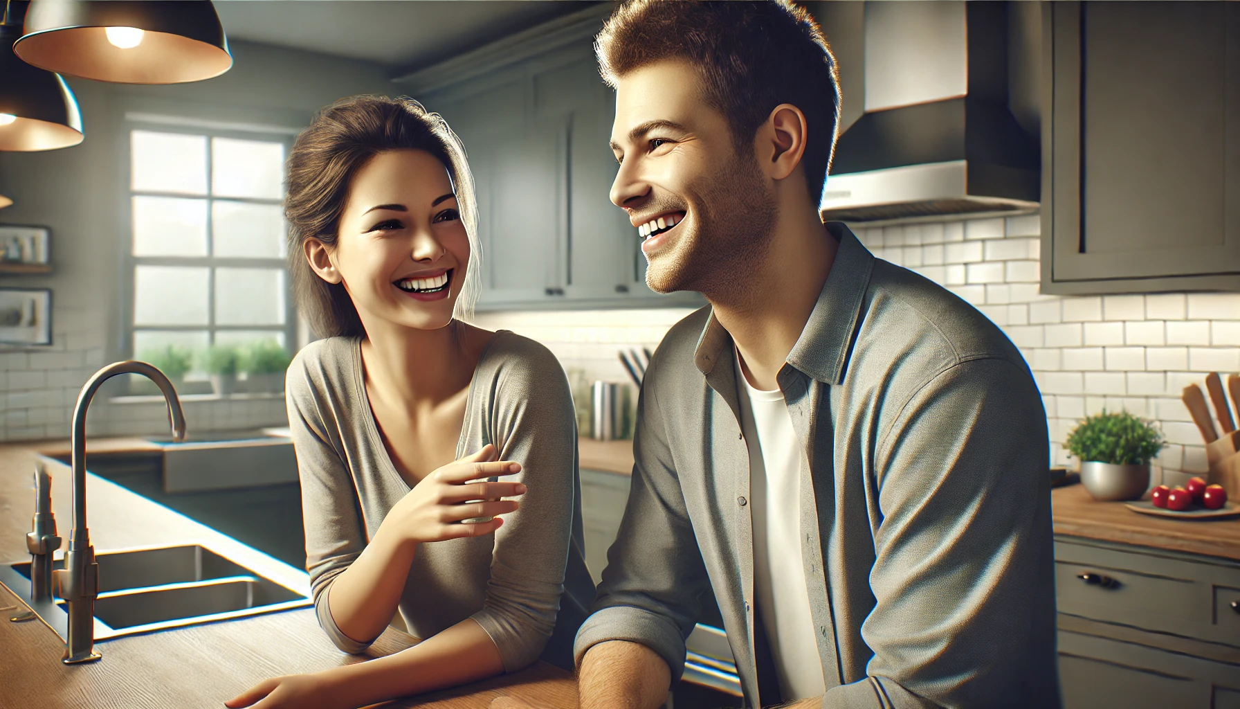 a happy couple talking to each other in a kitchen. The man has short hair and is wearing a casual shirt, while the woman has long hair and is wearing a comfortable shirt.