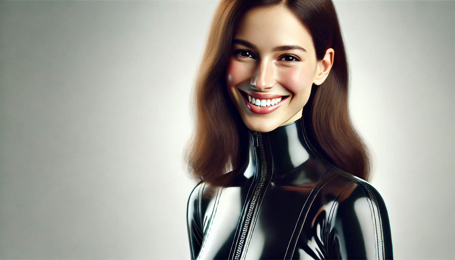 a smiling woman in a latex suit. The woman has long hair and is posing confidently.