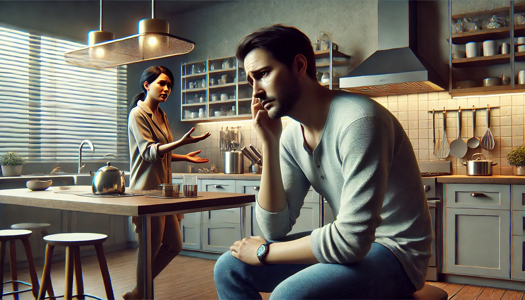a woman talking to a sad man in a kitchen. The man has a distressed expression and listens attentively. The setting is a modern kitchen with bright lighting, featuring elements like a kitchen island, stainless steel appliances and various kitchen utensils.