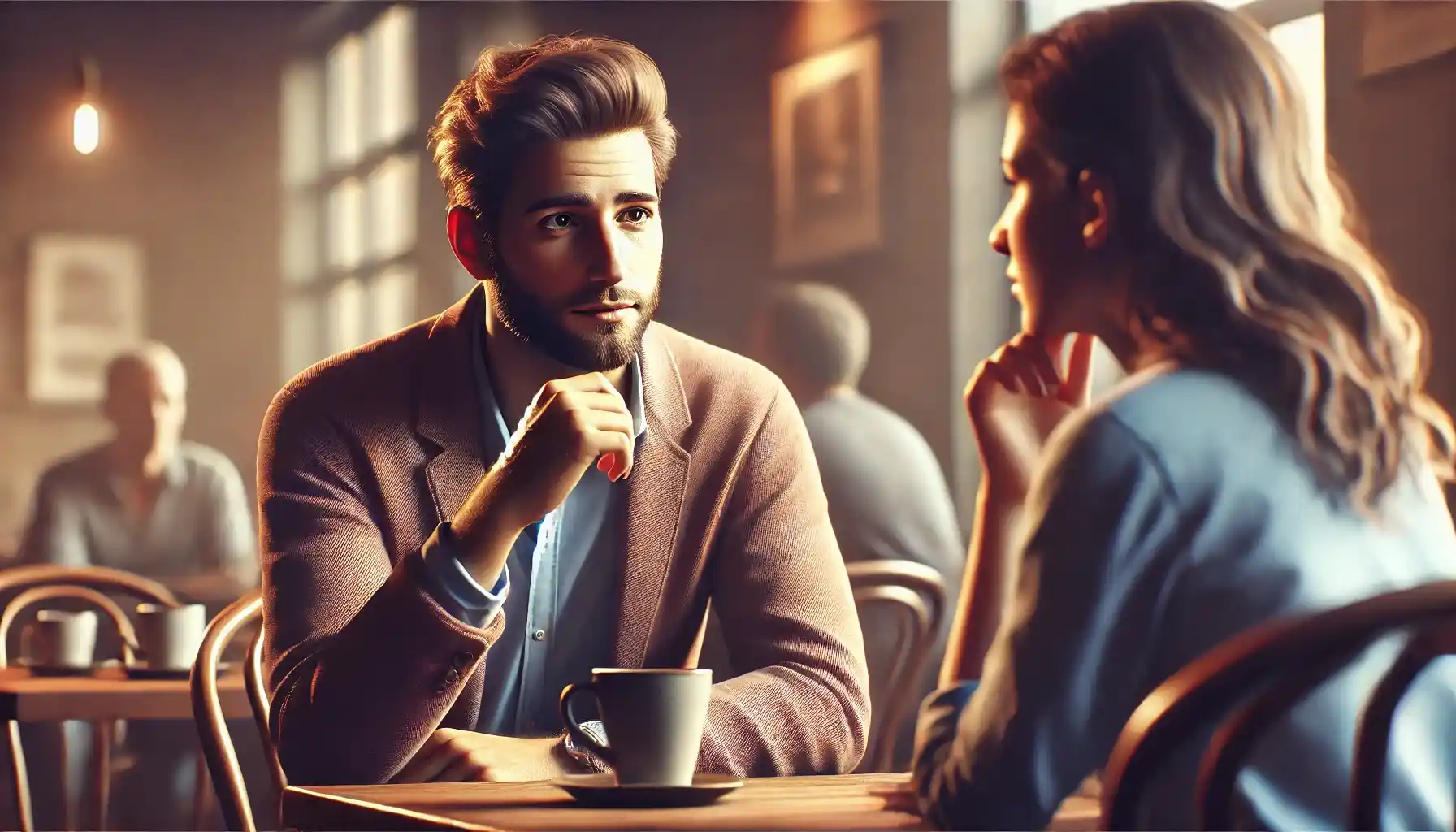 A couple is sitting at a cozy café table, engaged in a deep conversation about trust in their relationship.