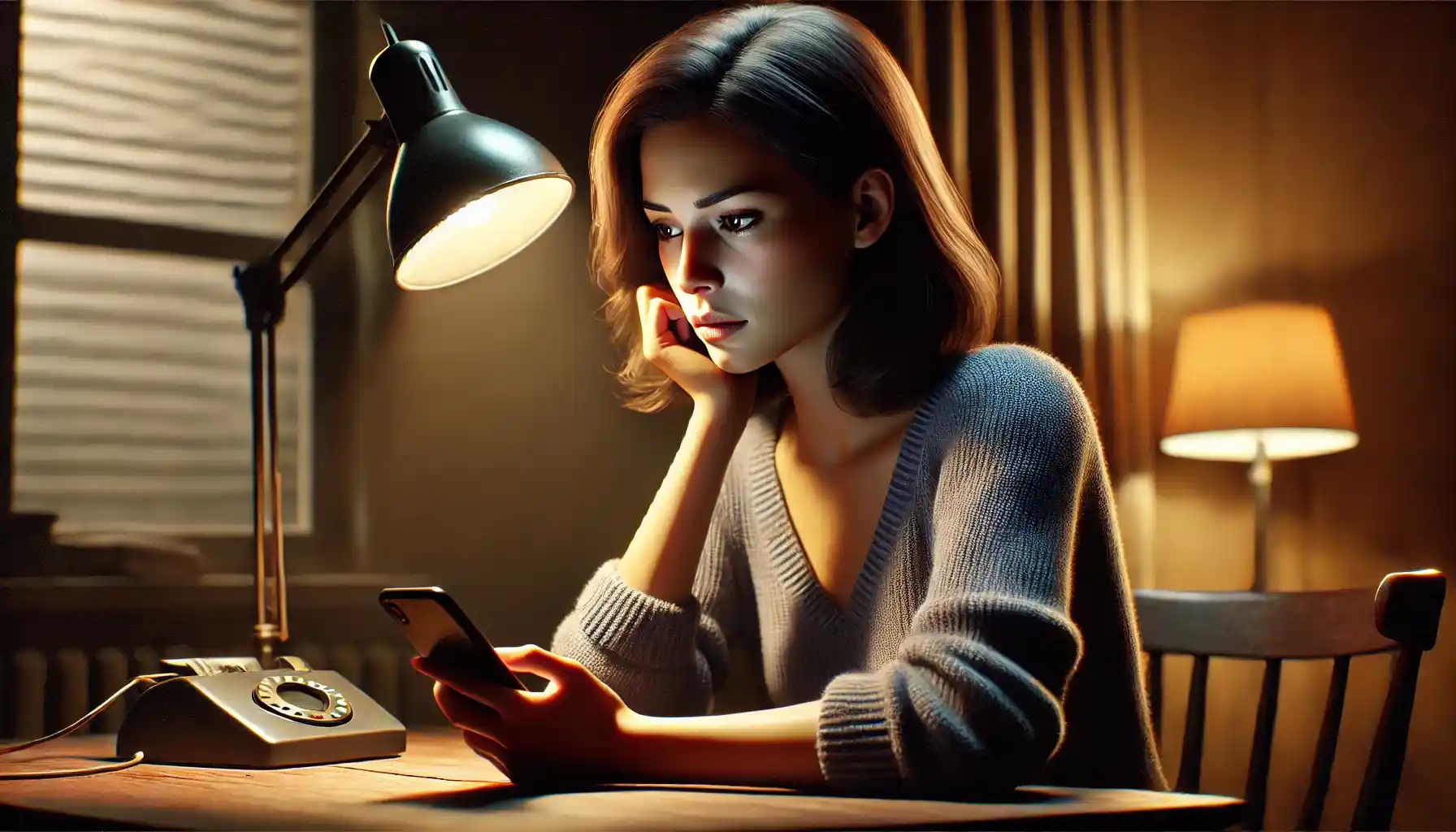 A woman is sitting alone at a dimly lit desk, deep in thought as she reads messages on her husband's phone to determine the sincerity of her partner.