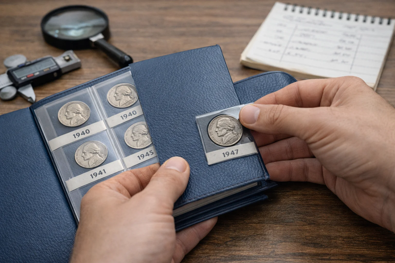 The 1947 nickel is placed into a coin album as the collector closes it.